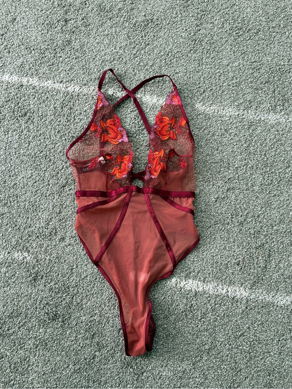 Adore Me Burgundy Sheer Teddy Bodysuit with Flower Embroidery